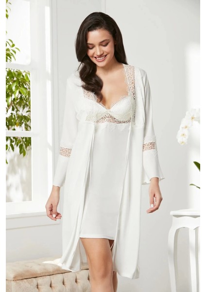 6'lı Penye Gecelik Sabahlık Takım Çeyiz Seti 5325 - Ekru