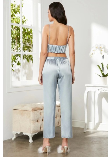Saten 3'lü Crop'lu Kadın Pijama Takımı 2075 - Mist indirimleri