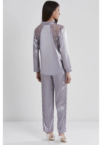 Saten Dantelli Pijama Takımı 1438 - Royal