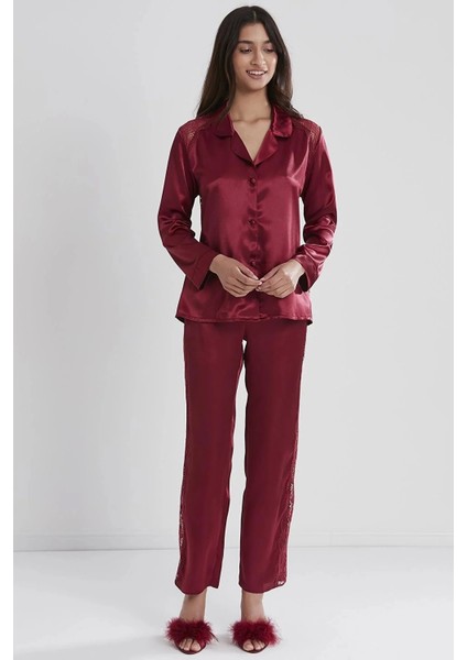 Saten Dantelli Pijama Takımı 1438 - Bordo