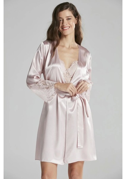 6'lı Saten Gecelik Sabahlık Takım Çeyiz Seti 6015 - Pudra