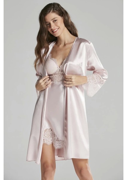 6'lı Saten Gecelik Sabahlık Takım Çeyiz Seti 6015 - Pudra fiyatları