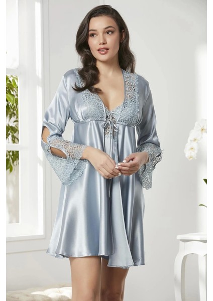 6'lı Saten Gecelik Sabahlık Takım Çeyiz Seti 6625 - Mist