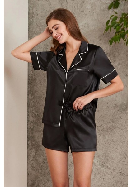 Saten Biyeli Pijama Takımı 1205 - Siyah