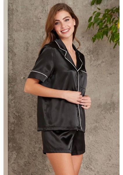 Saten Biyeli Pijama Takımı 1205 - Siyah