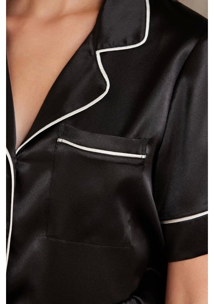 Saten Biyeli Pijama Takımı 1205 - Siyah
