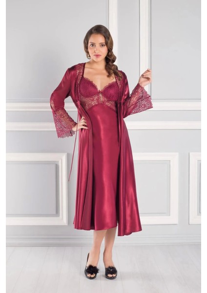 6'lı Saten Gecelik Sabahlık Takım Çeyiz Seti 6620 - Bordo modelleri