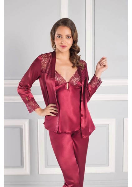6'lı Saten Gecelik Sabahlık Takım Çeyiz Seti 6620 - Bordo indirimleri
