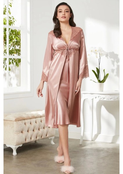 6'lı Saten Gecelik Sabahlık Takım Çeyiz Seti 6700 - Brandy
