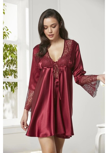 6'lı Saten Gecelik Sabahlık Takım Çeyiz Seti 6625 - Bordo