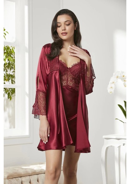 6'lı Saten Gecelik Sabahlık Takım Çeyiz Seti 6625 - Bordo fiyatları