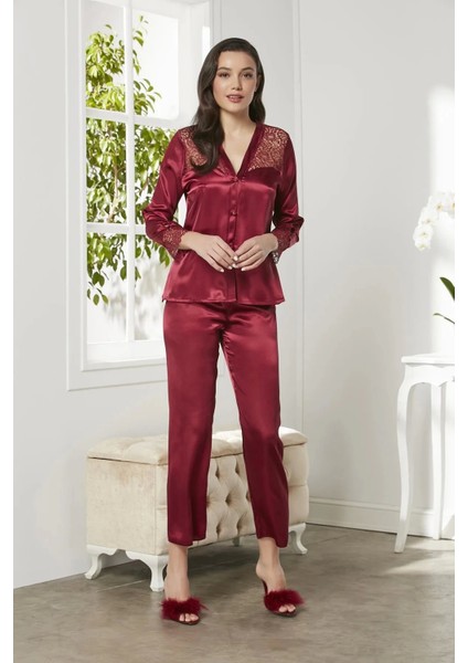 6'lı Saten Gecelik Sabahlık Takım Çeyiz Seti 6625 - Bordo indirimleri