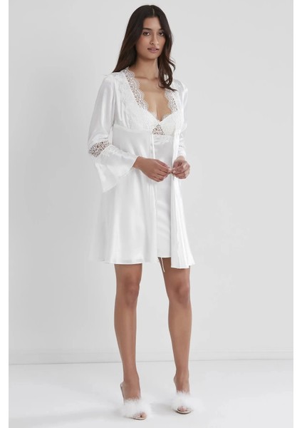 6'lı Saten Gecelik Sabahlık Takım Çeyiz Seti 6325 - Ekru