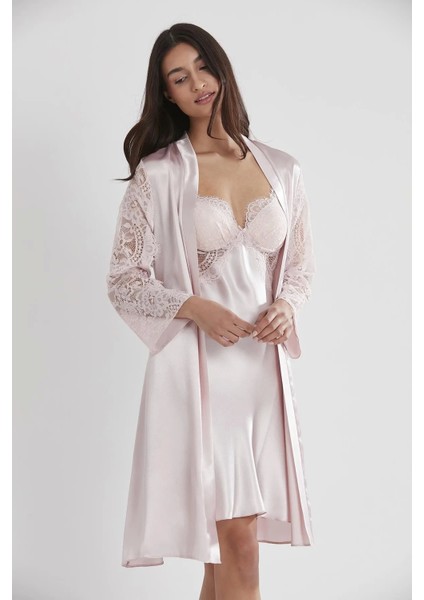 Saten Dantelli Gecelik ve Sabahlık Takımı 4025 - Pudra