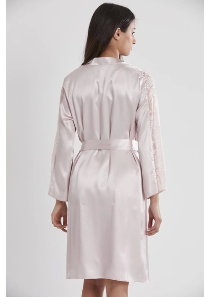 Saten Dantelli Gecelik ve Sabahlık Takımı 4025 - Pudra fırsatları