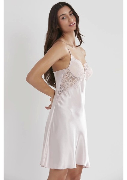 Saten Dantelli Gecelik ve Sabahlık Takımı 4025 - Pudra indirimleri