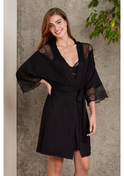 Penye Dantelli Gecelik ve Sabahlık Takımı 4010 - Siyah