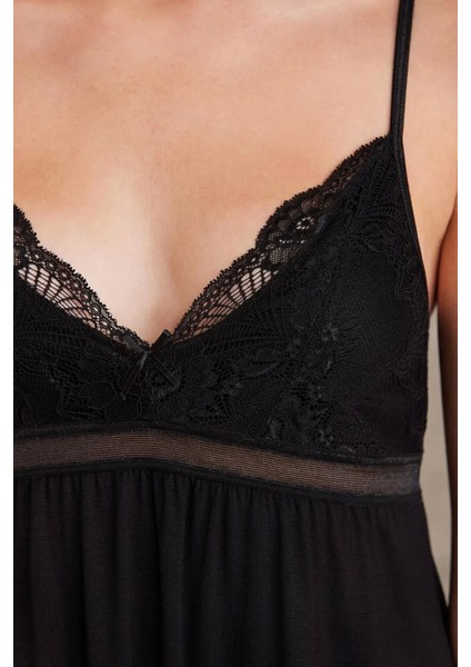 Penye Dantelli Gecelik ve Sabahlık Takımı 4010 - Siyah modelleri