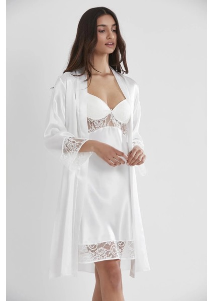 Saten Dantelli Gecelik ve Sabahlık Takımı 4075 - Ekru