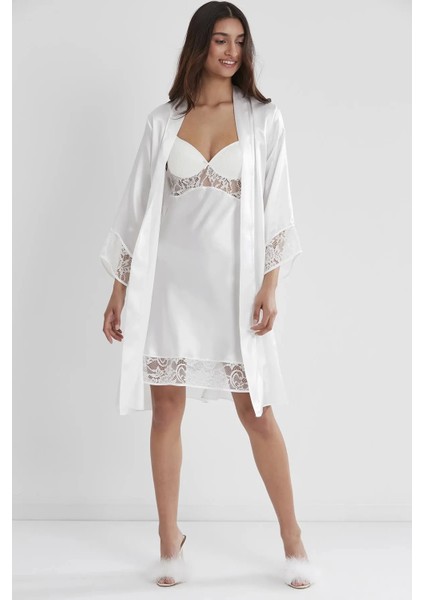 Saten Dantelli Gecelik ve Sabahlık Takımı 4075 - Ekru fiyatları