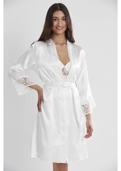 Saten Dantelli Gecelik ve Sabahlık Takımı 4075 - Ekru modelleri