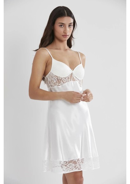 Saten Dantelli Gecelik ve Sabahlık Takımı 4075 - Ekru indirimleri