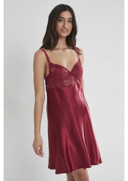 Saten Dantelli Gecelik ve Sabahlık Takımı 4090 - Bordo modelleri