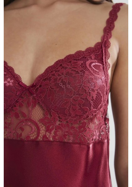 Saten Dantelli Gecelik ve Sabahlık Takımı 4090 - Bordo indirimleri