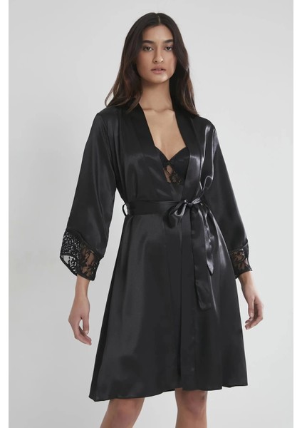 Saten Dantelli Gecelik ve Sabahlık Takımı 4075 - Siyah modelleri