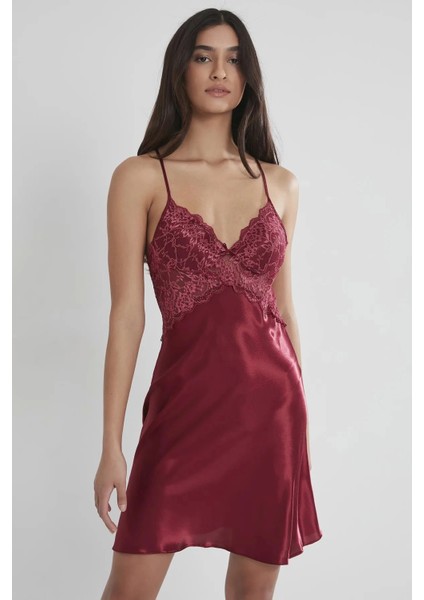 Saten Dantelli Gecelik 608 - Bordo