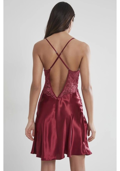 Saten Dantelli Gecelik 608 - Bordo modelleri