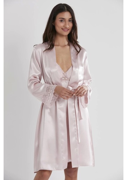Saten Dantelli Gecelik ve Sabahlık Takımı 4285 - Pudra