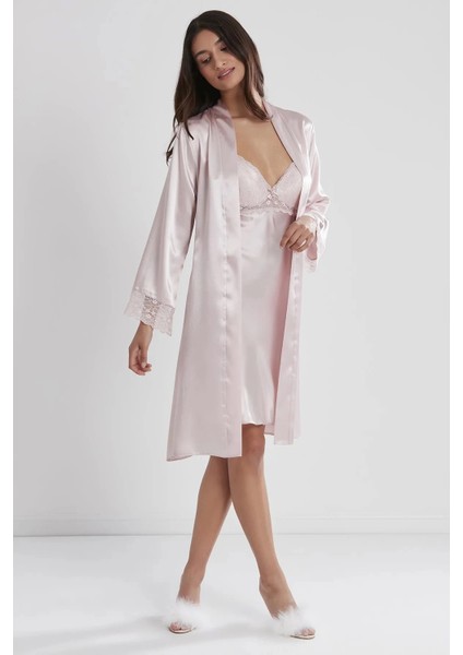 Saten Dantelli Gecelik ve Sabahlık Takımı 4285 - Pudra fiyatları