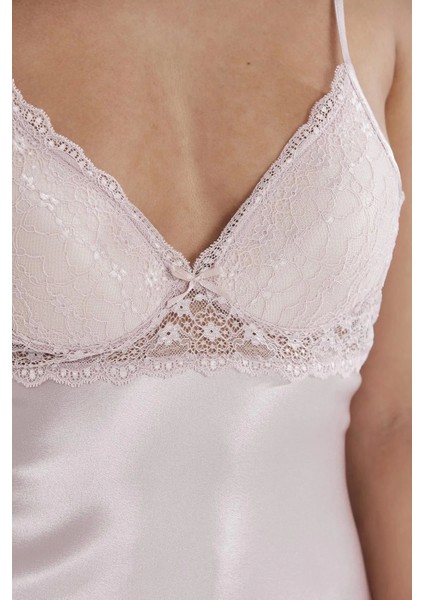 Saten Dantelli Gecelik ve Sabahlık Takımı 4285 - Pudra indirimleri