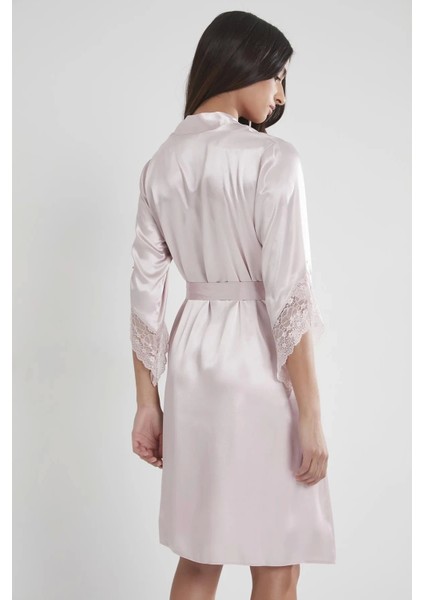 Saten Dantelli Gecelik ve Sabahlık Takımı 4240 - Pudra modelleri