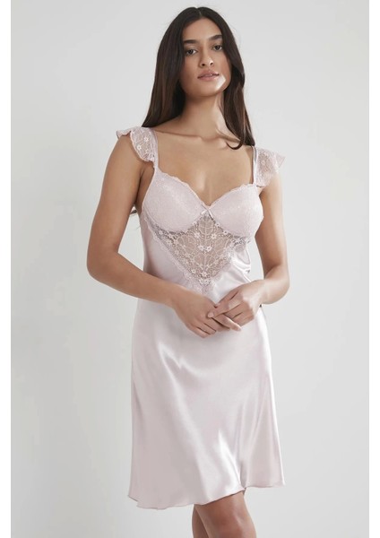 Saten Dantelli Gecelik ve Sabahlık Takımı 4240 - Pudra fırsatları