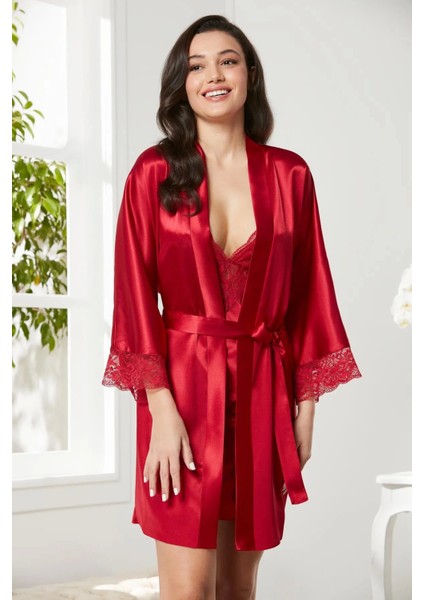 Saten Dantelli Gecelik ve Sabahlık Takımı 4280 - Kırmızı