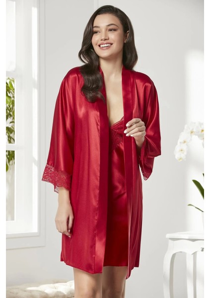 Saten Dantelli Gecelik ve Sabahlık Takımı 4280 - Kırmızı fiyatları