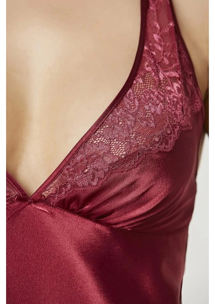 Saten Dantelli Gecelik 860 - Bordo modelleri