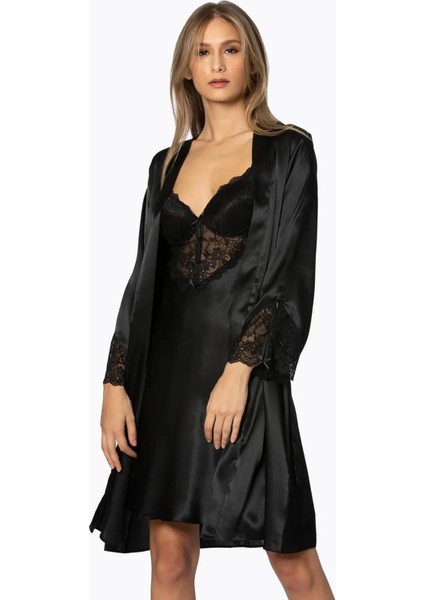 Saten Dantelli Gecelik ve Sabahlık Takımı 4300 - Siyah fiyatları