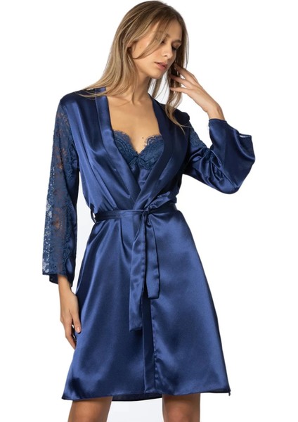 Saten Dantelli Gecelik ve Sabahlık Takımı 4025 - Lacivert fiyatları