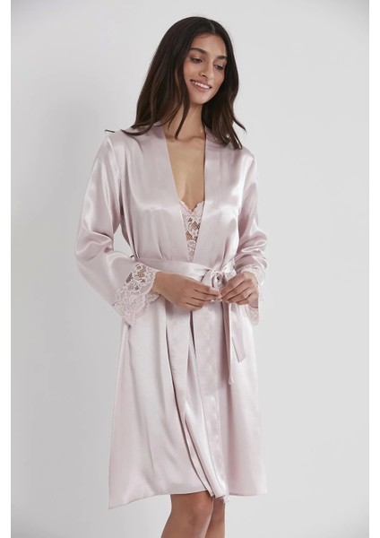 Saten Dantelli Gecelik ve Sabahlık Takımı 4265 - Pudra modelleri