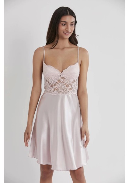 Saten Dantelli Gecelik ve Sabahlık Takımı 4265 - Pudra indirimleri