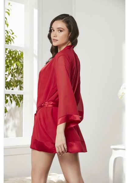 3'lü Saten Gecelik ve Şifon Sabahlık Takımı 2475 - Kırmızı modelleri
