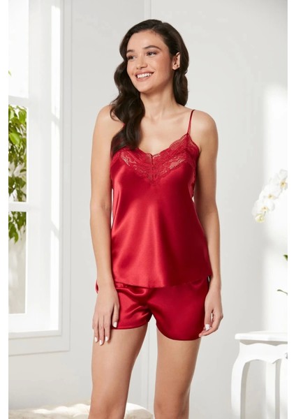 3'lü Saten Gecelik ve Şifon Sabahlık Takımı 2475 - Kırmızı fırsatları