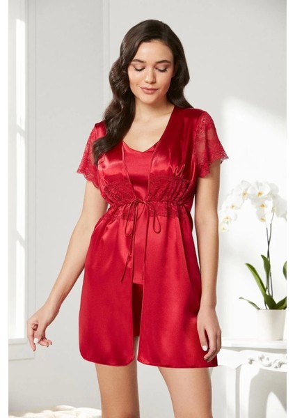 Saten Dantelli 3'lü Şort Kombi Sabahlık Takımı 2480 - Kırmızı
