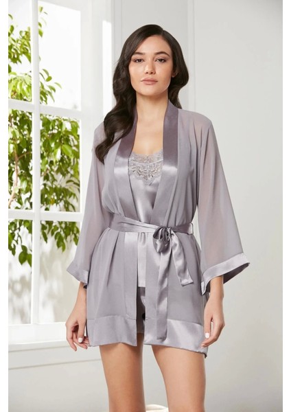 3'lü Saten Gecelik ve Şifon Sabahlık Takımı 2475 - Royal