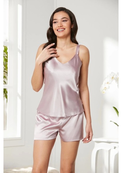 Saten Dantelli 3'lü Şort Kombi Sabahlık Takımı 2480 - Rose fırsatları