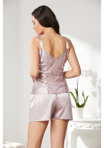 Saten Dantelli 3'lü Şort Kombi Sabahlık Takımı 2480 - Rose indirimleri