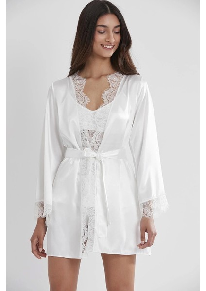 Saten Dantelli 3'lü Şort Kombi Sabahlık Takımı 2490 - Ekru
